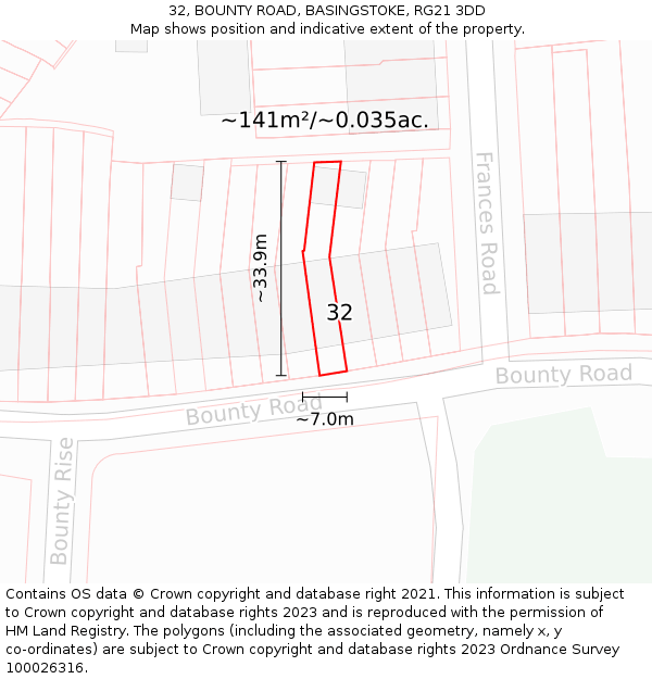 32, BOUNTY ROAD, BASINGSTOKE, RG21 3DD: Plot and title map