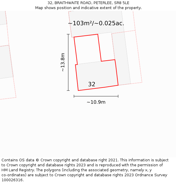 32, BRAITHWAITE ROAD, PETERLEE, SR8 5LE: Plot and title map