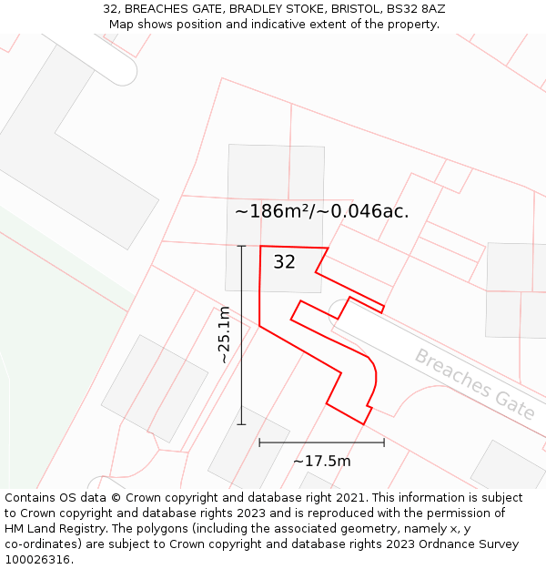 32, BREACHES GATE, BRADLEY STOKE, BRISTOL, BS32 8AZ: Plot and title map