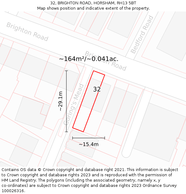 32, BRIGHTON ROAD, HORSHAM, RH13 5BT: Plot and title map