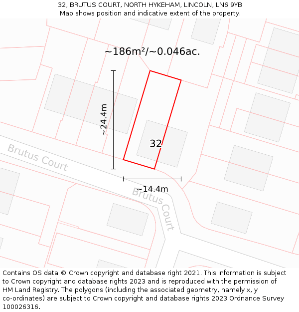 32, BRUTUS COURT, NORTH HYKEHAM, LINCOLN, LN6 9YB: Plot and title map