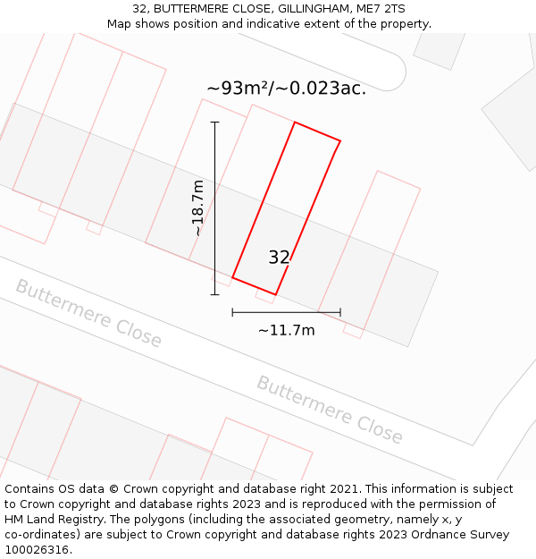 32, BUTTERMERE CLOSE, GILLINGHAM, ME7 2TS: Plot and title map