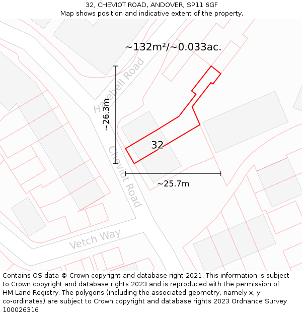 32, CHEVIOT ROAD, ANDOVER, SP11 6GF: Plot and title map