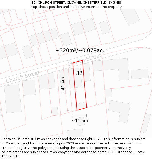 32, CHURCH STREET, CLOWNE, CHESTERFIELD, S43 4JS: Plot and title map
