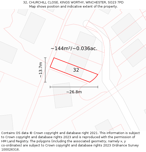 32, CHURCHILL CLOSE, KINGS WORTHY, WINCHESTER, SO23 7PD: Plot and title map