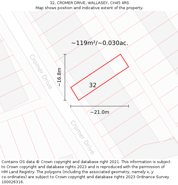 32, CROMER DRIVE, WALLASEY, CH45 4RS: Plot and title map