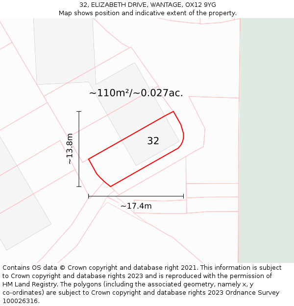 32, ELIZABETH DRIVE, WANTAGE, OX12 9YG: Plot and title map