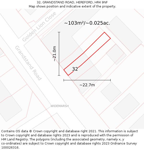 32, GRANDSTAND ROAD, HEREFORD, HR4 9NF: Plot and title map