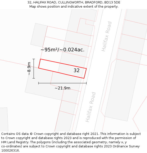 32, HALIFAX ROAD, CULLINGWORTH, BRADFORD, BD13 5DE: Plot and title map