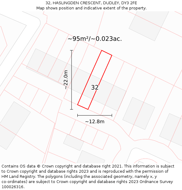 32, HASLINGDEN CRESCENT, DUDLEY, DY3 2FE: Plot and title map