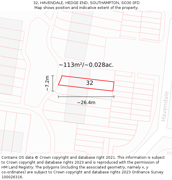 32, HAVENDALE, HEDGE END, SOUTHAMPTON, SO30 0FD: Plot and title map