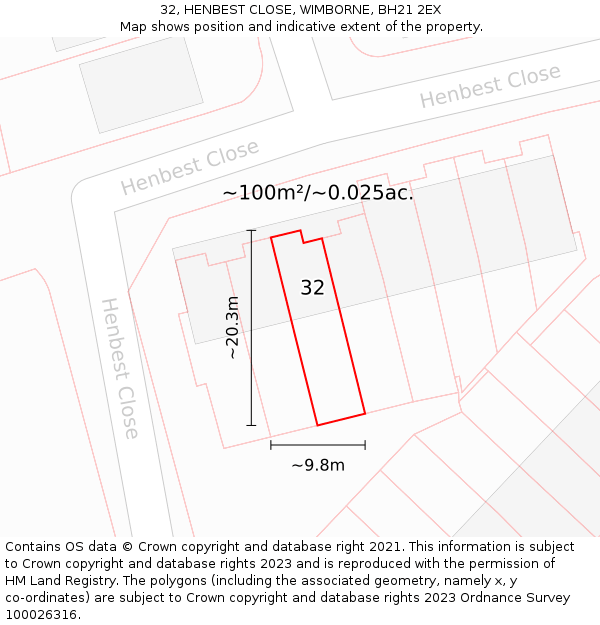 32, HENBEST CLOSE, WIMBORNE, BH21 2EX: Plot and title map