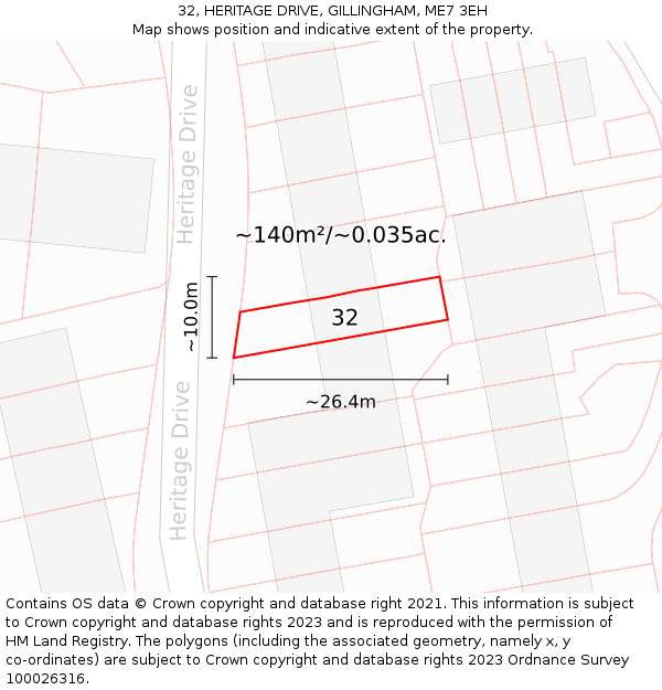 32, HERITAGE DRIVE, GILLINGHAM, ME7 3EH: Plot and title map