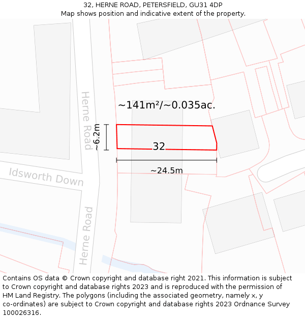 32, HERNE ROAD, PETERSFIELD, GU31 4DP: Plot and title map