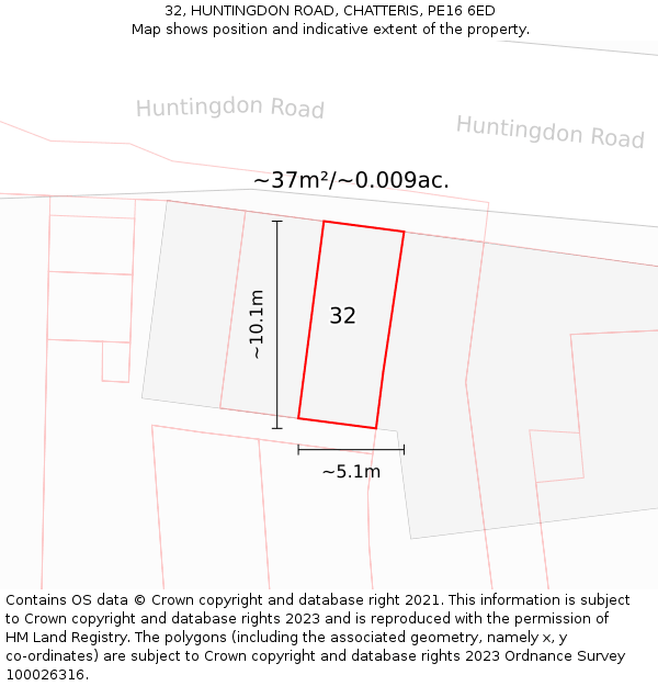 32, HUNTINGDON ROAD, CHATTERIS, PE16 6ED: Plot and title map