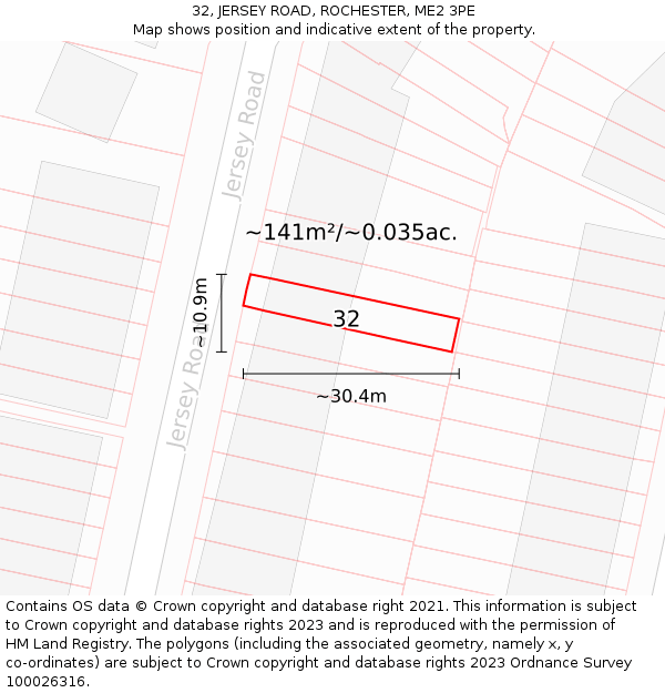 32, JERSEY ROAD, ROCHESTER, ME2 3PE: Plot and title map