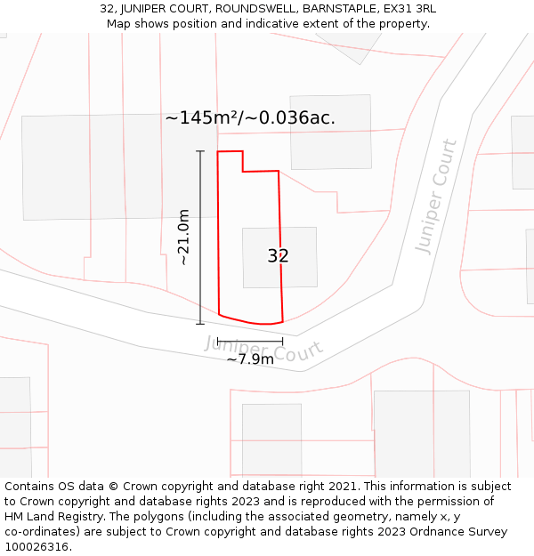 32, JUNIPER COURT, ROUNDSWELL, BARNSTAPLE, EX31 3RL: Plot and title map
