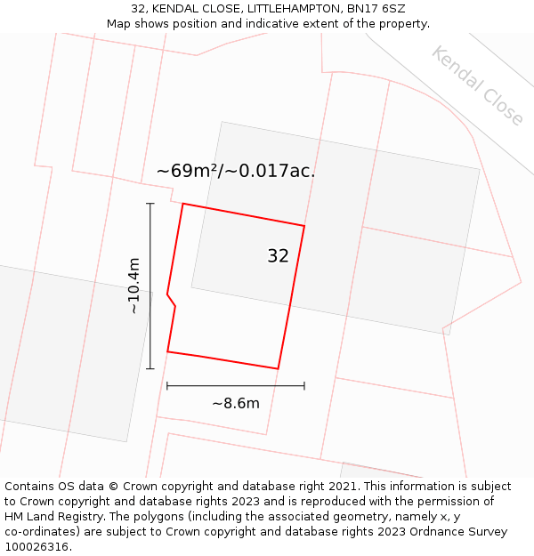 32, KENDAL CLOSE, LITTLEHAMPTON, BN17 6SZ: Plot and title map
