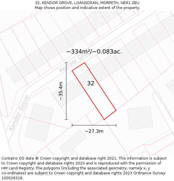 32, KENDOR GROVE, LOANSDEAN, MORPETH, NE61 2BU: Plot and title map