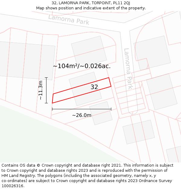 32, LAMORNA PARK, TORPOINT, PL11 2QJ: Plot and title map