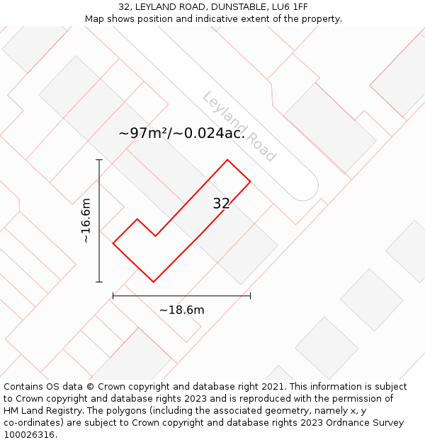 32, LEYLAND ROAD, DUNSTABLE, LU6 1FF: Plot and title map