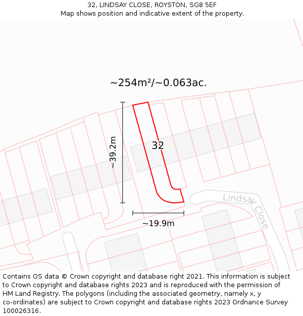 32, LINDSAY CLOSE, ROYSTON, SG8 5EF: Plot and title map
