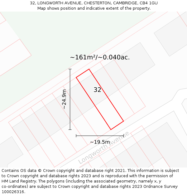 32, LONGWORTH AVENUE, CHESTERTON, CAMBRIDGE, CB4 1GU: Plot and title map