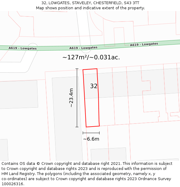 32, LOWGATES, STAVELEY, CHESTERFIELD, S43 3TT: Plot and title map