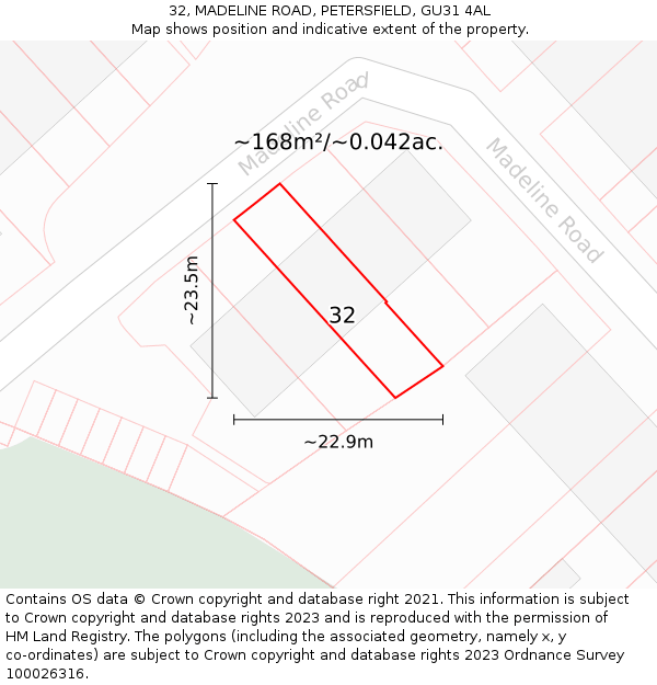 32, MADELINE ROAD, PETERSFIELD, GU31 4AL: Plot and title map