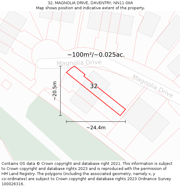 32, MAGNOLIA DRIVE, DAVENTRY, NN11 0XA: Plot and title map