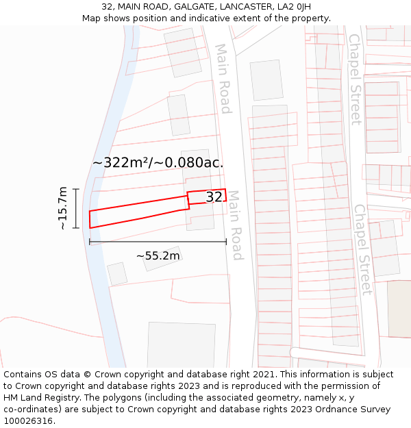 32, MAIN ROAD, GALGATE, LANCASTER, LA2 0JH: Plot and title map