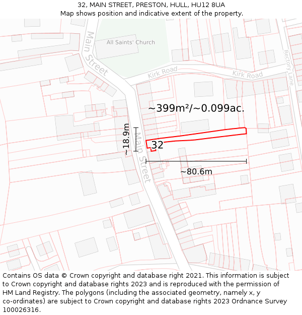 32, MAIN STREET, PRESTON, HULL, HU12 8UA: Plot and title map