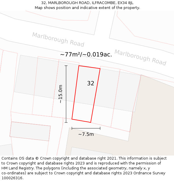 32, MARLBOROUGH ROAD, ILFRACOMBE, EX34 8JL: Plot and title map