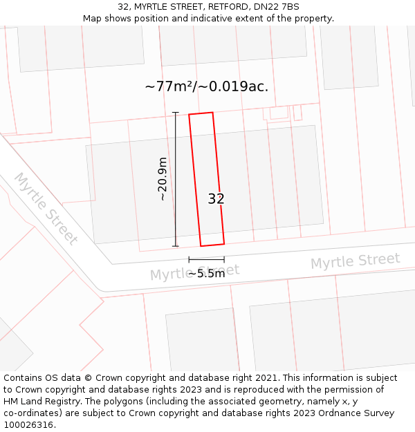 32, MYRTLE STREET, RETFORD, DN22 7BS: Plot and title map