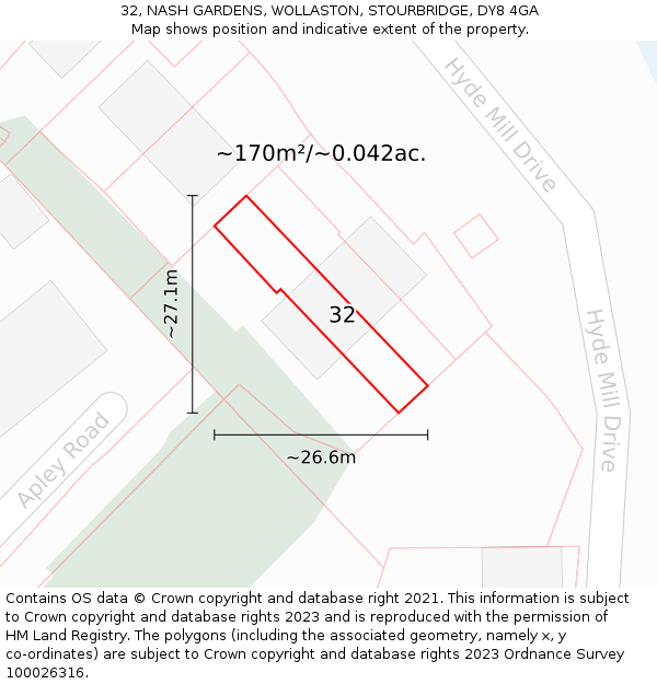 32, NASH GARDENS, WOLLASTON, STOURBRIDGE, DY8 4GA: Plot and title map
