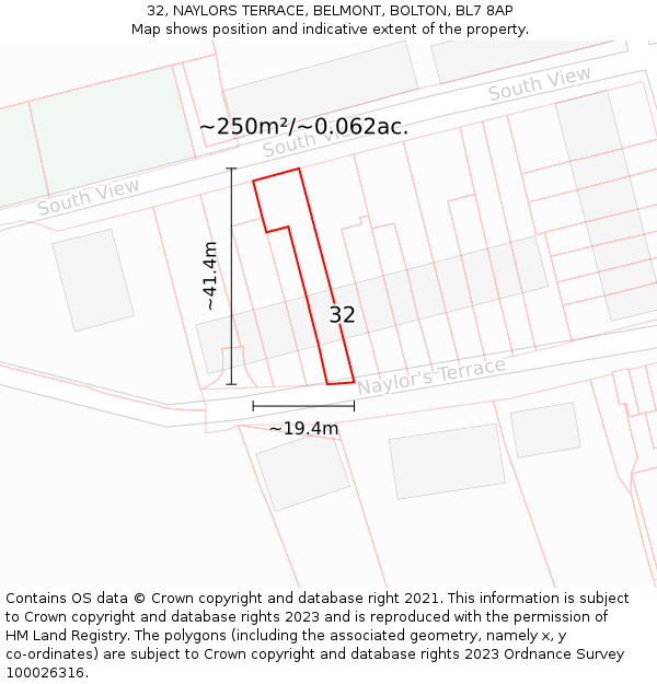 32, NAYLORS TERRACE, BELMONT, BOLTON, BL7 8AP: Plot and title map
