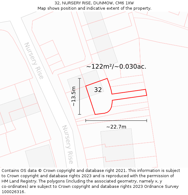 32, NURSERY RISE, DUNMOW, CM6 1XW: Plot and title map