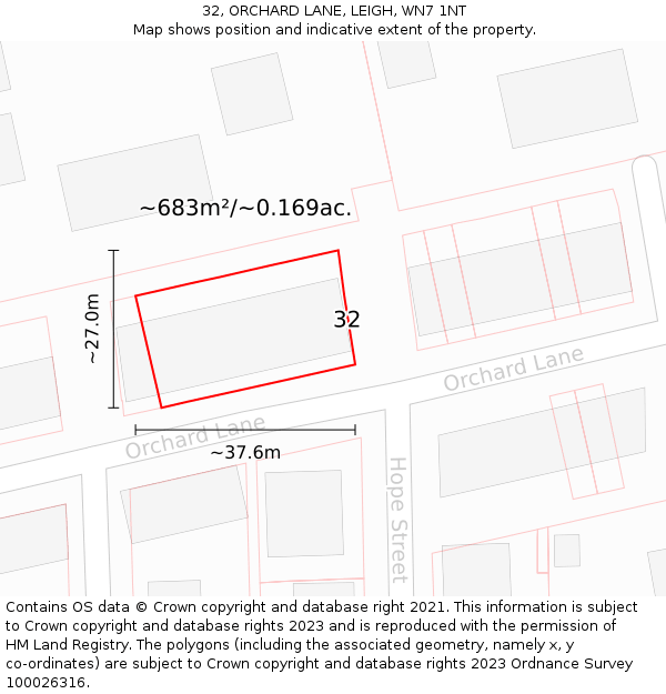 32, ORCHARD LANE, LEIGH, WN7 1NT: Plot and title map