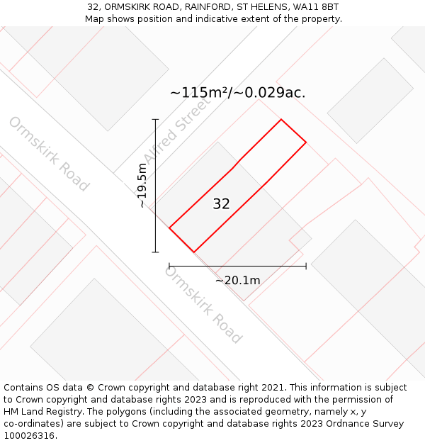 32, ORMSKIRK ROAD, RAINFORD, ST HELENS, WA11 8BT: Plot and title map