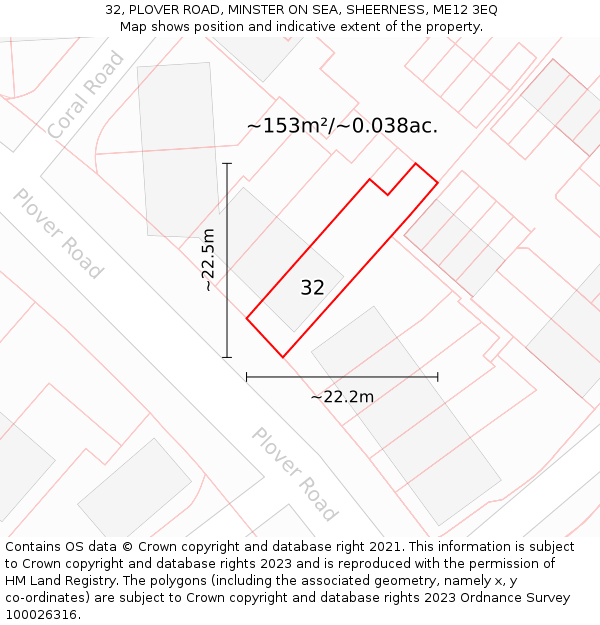 32, PLOVER ROAD, MINSTER ON SEA, SHEERNESS, ME12 3EQ: Plot and title map