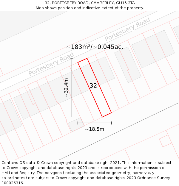 32, PORTESBERY ROAD, CAMBERLEY, GU15 3TA: Plot and title map