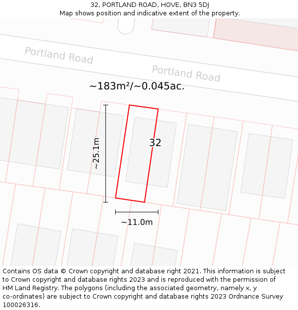 32, PORTLAND ROAD, HOVE, BN3 5DJ: Plot and title map