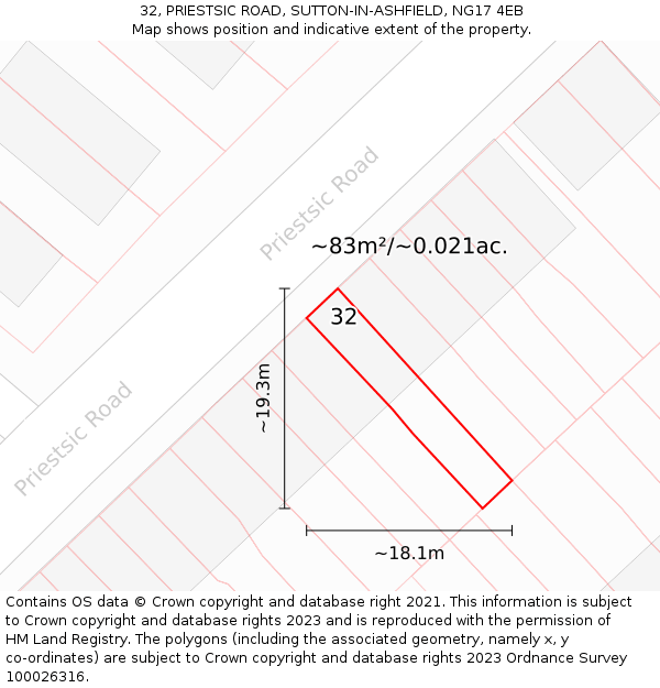 32, PRIESTSIC ROAD, SUTTON-IN-ASHFIELD, NG17 4EB: Plot and title map