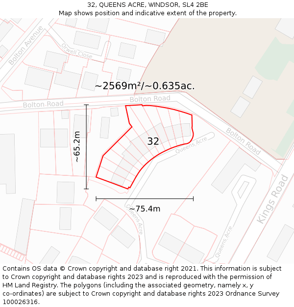 32, QUEENS ACRE, WINDSOR, SL4 2BE: Plot and title map