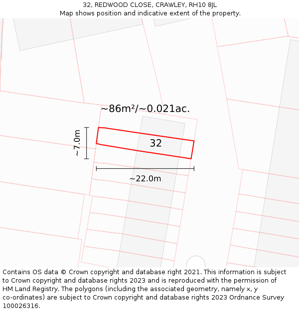 32, REDWOOD CLOSE, CRAWLEY, RH10 8JL: Plot and title map