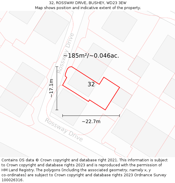 32, ROSSWAY DRIVE, BUSHEY, WD23 3EW: Plot and title map