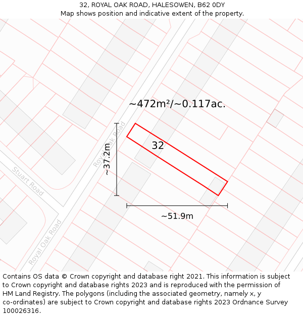 32, ROYAL OAK ROAD, HALESOWEN, B62 0DY: Plot and title map