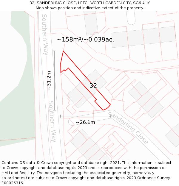 32, SANDERLING CLOSE, LETCHWORTH GARDEN CITY, SG6 4HY: Plot and title map