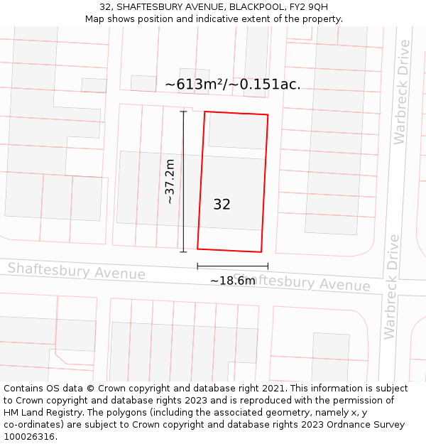 32, SHAFTESBURY AVENUE, BLACKPOOL, FY2 9QH: Plot and title map