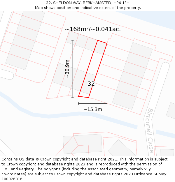 32, SHELDON WAY, BERKHAMSTED, HP4 1FH: Plot and title map